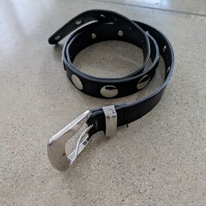Men's Black Leather Belt with Silver Accents
